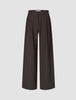Serene Pants Wide Walnut Herringbone, featuring a dark brown Scandinavian design, wide-leg cut, high waist, thin vertical pinstripes, and a single button closure.