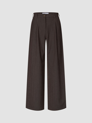 Serene Pants Wide Walnut Herringbone, featuring a dark brown Scandinavian design, wide-leg cut, high waist, thin vertical pinstripes, and a single button closure.