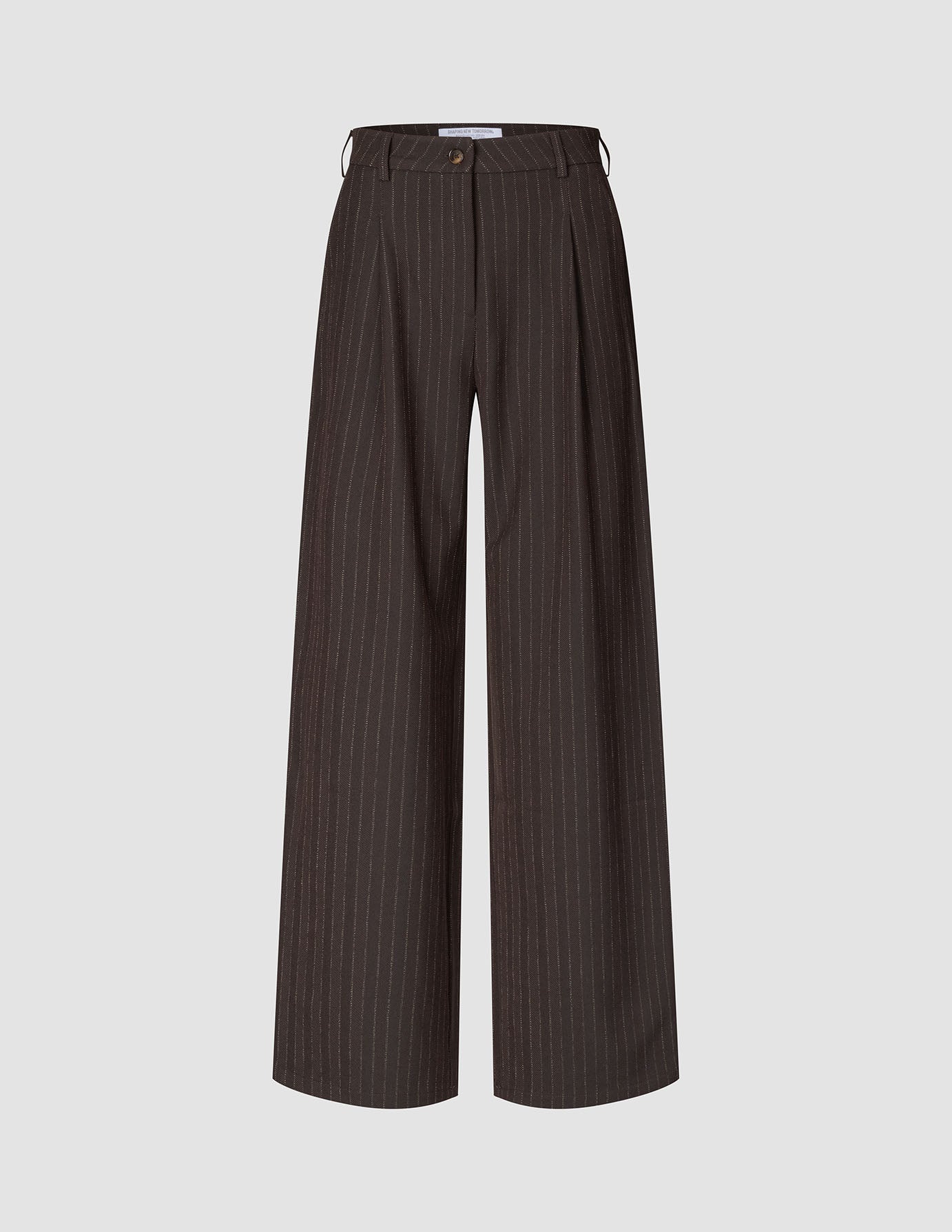 Serene Pants Wide Walnut Herringbone, featuring a dark brown Scandinavian design, wide-leg cut, high waist, thin vertical pinstripes, and a single button closure.
