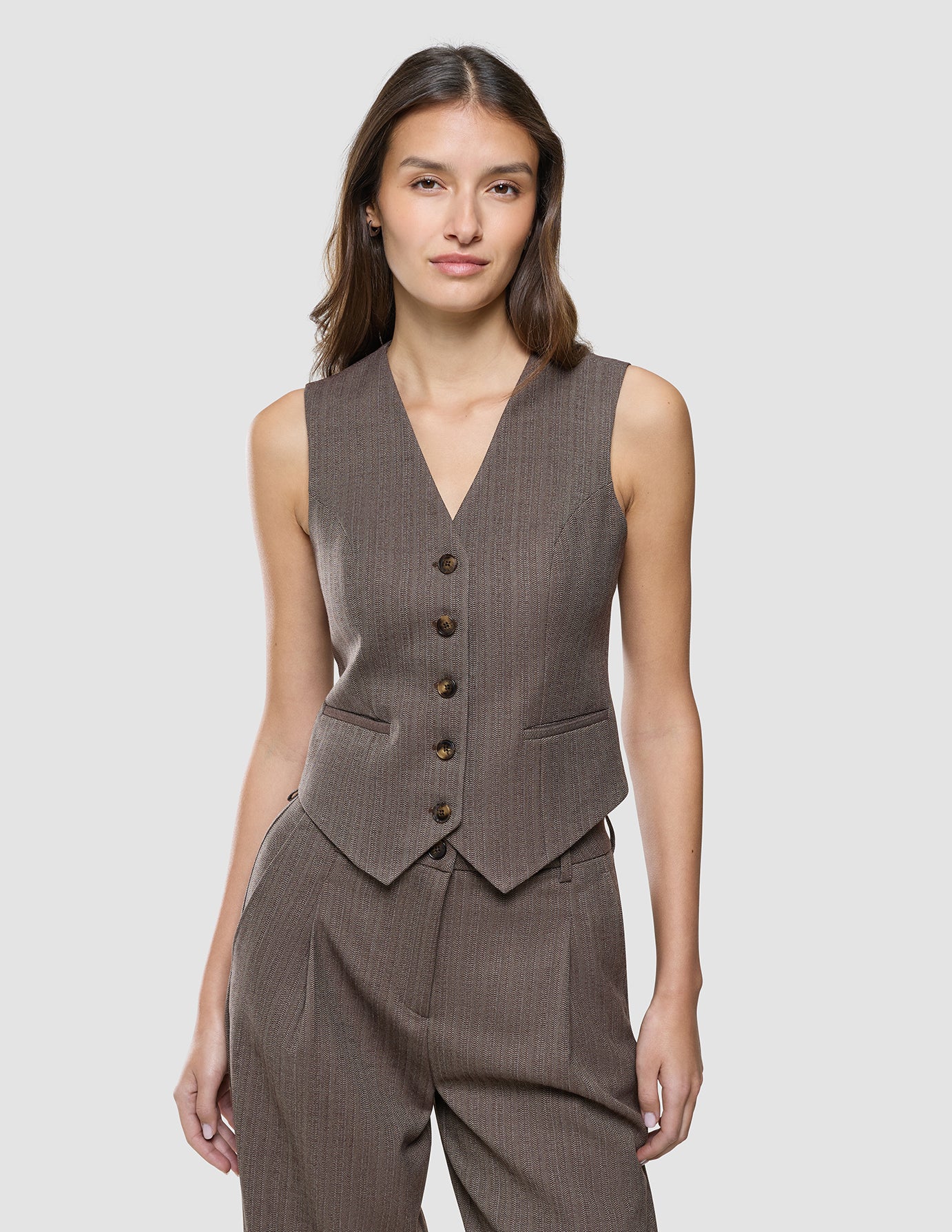 Women Serene Short Vest Brown Stone Herringbone