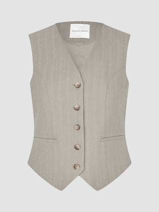 A fitted, light gray Women Serene Short Vest Burnt Sugar Herringbone with five buttons.