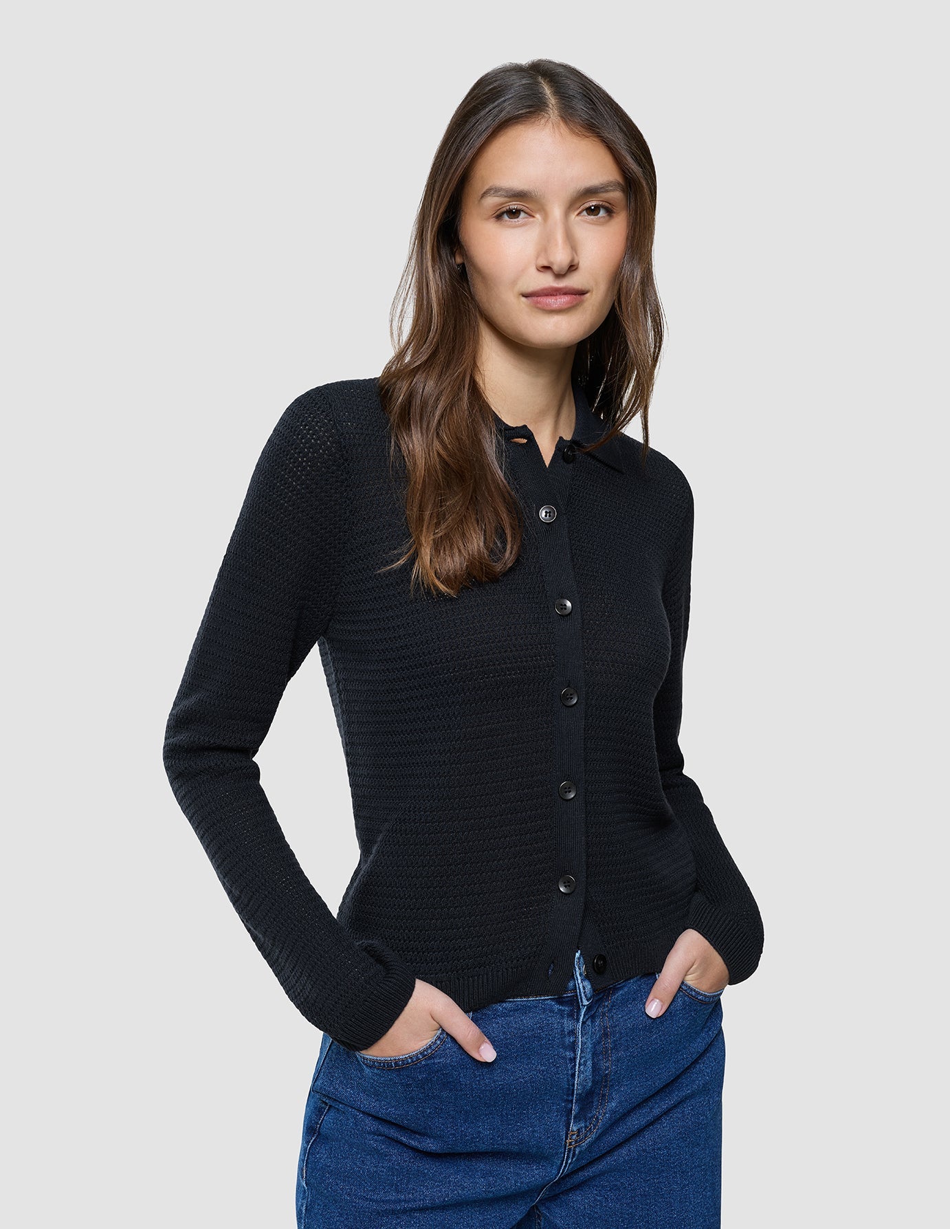 Women Structured Polo Long Sleeve Black
