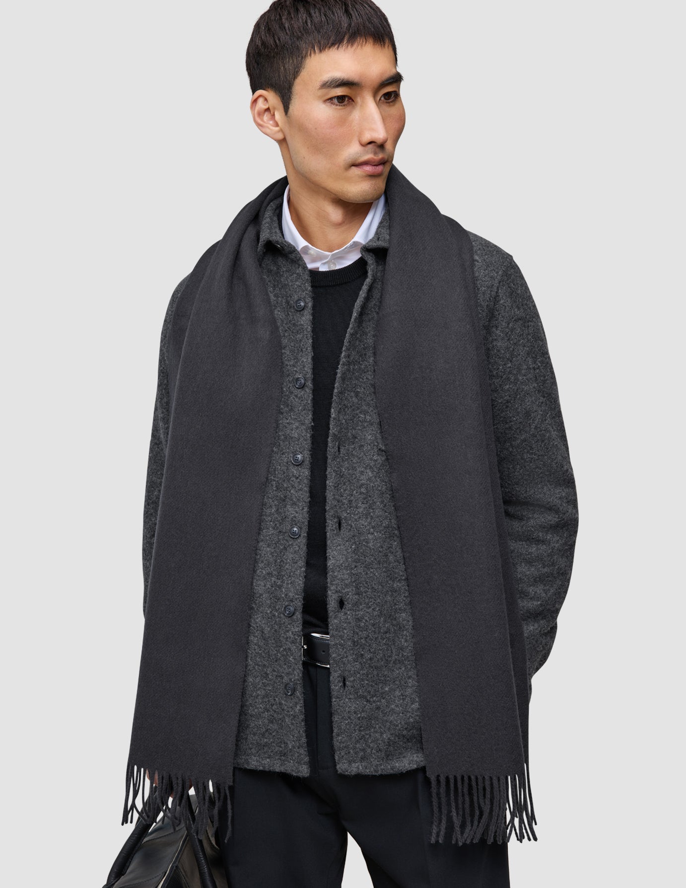 A man wears Layers that work, featuring a black scarf, a Double Layer Wool Overshirt over a Premium Merino Knit sweater, and a white collared shirt.