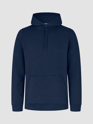 A Sweat Hoodie Dark Navy in a navy blue cotton blend featuring a front kangaroo pocket and a tonal logo embroidered on the chest in a classic Scandinavian design.
