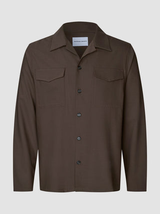 Cocoa Brown Tech Wool Overshirt with a collar, button front, and two chest pockets from Shaping New Tomorrow.