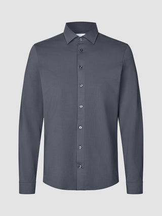 A long-sleeved, charcoal grey Travel Shirt Charcoal Grey Regular button-down shirt made of breathable fabric with a classic collar.