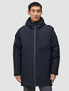 A man wears a black Utility Jacket Black with a hood that zips to the chin, featuring a vertical chest pocket and two large front pockets.