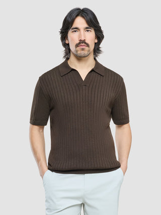 V-Neck Knit Short Sleeve Polo Dark Brown