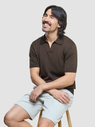 V-Neck Knit Short Sleeve Polo Dark Brown