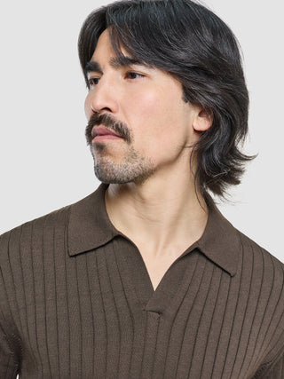 V-Neck Knit Short Sleeve Polo Dark Brown