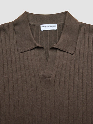 V-Neck Knit Short Sleeve Polo Dark Brown