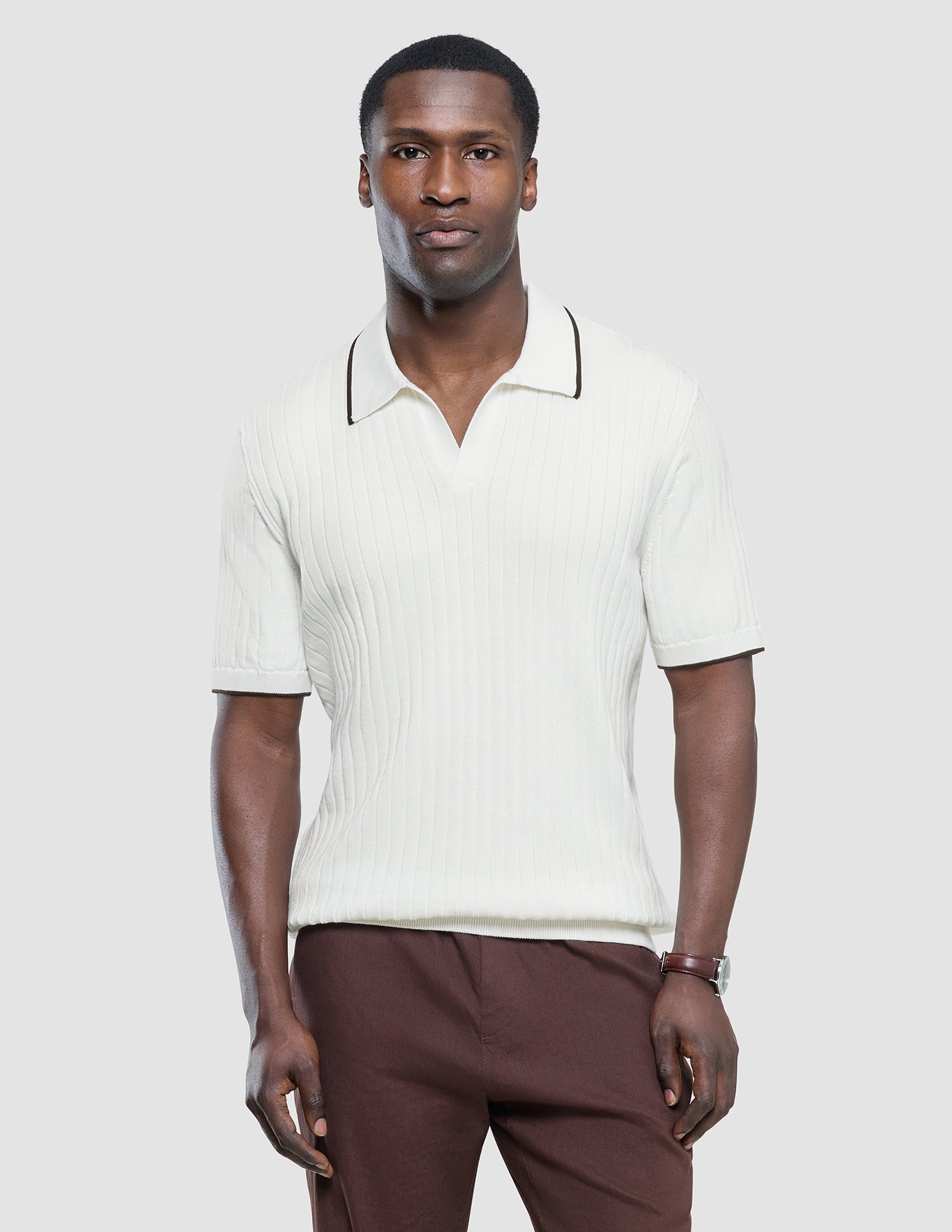 V-Neck Knit Short Sleeve Polo White