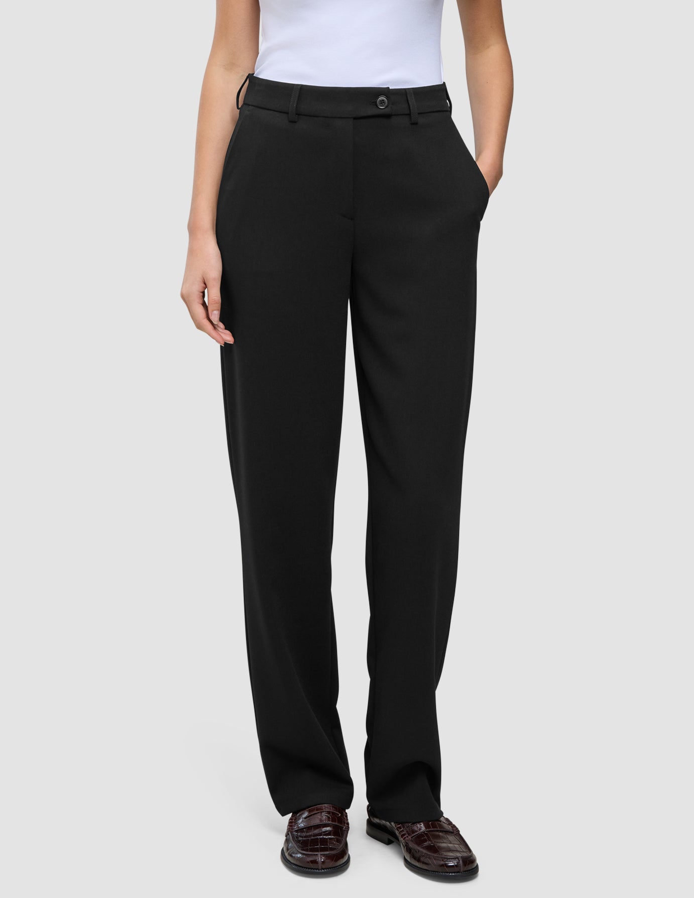 Women GO2 Pants Straight Black in a high-waisted, straight-leg style with a button closure and side pockets.