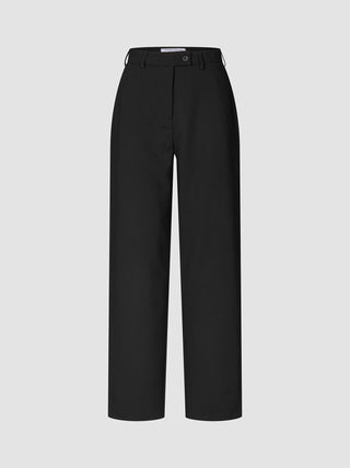 Women GO2 Pants Straight Black are high-waisted, straight-leg trousers in black, featuring a button closure and belt loops in a classic Scandinavian design.