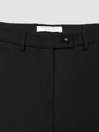 Close-up of the waistband of Women GO2 Pants Straight Black, featuring a single button closure, belt loops, and a high-waisted, straight-leg fit.