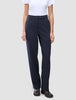 Person wearing Women GO2 Pants Straight Blue Nights high-waisted, straight-leg navy blue trousers and a white t-shirt.