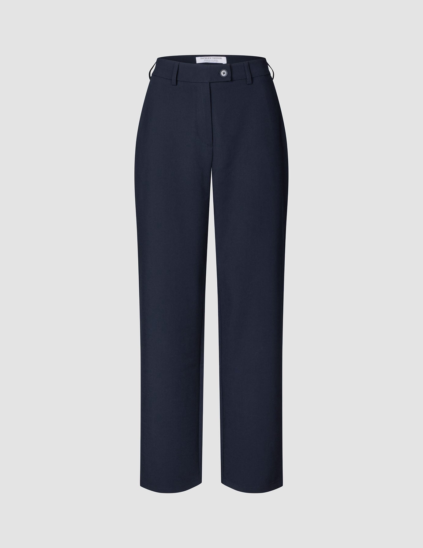 Women GO2 Pants Straight Blue Nights in dark navy, featuring a high-waisted, Scandinavian straight-leg design with a button closure and belt loops.