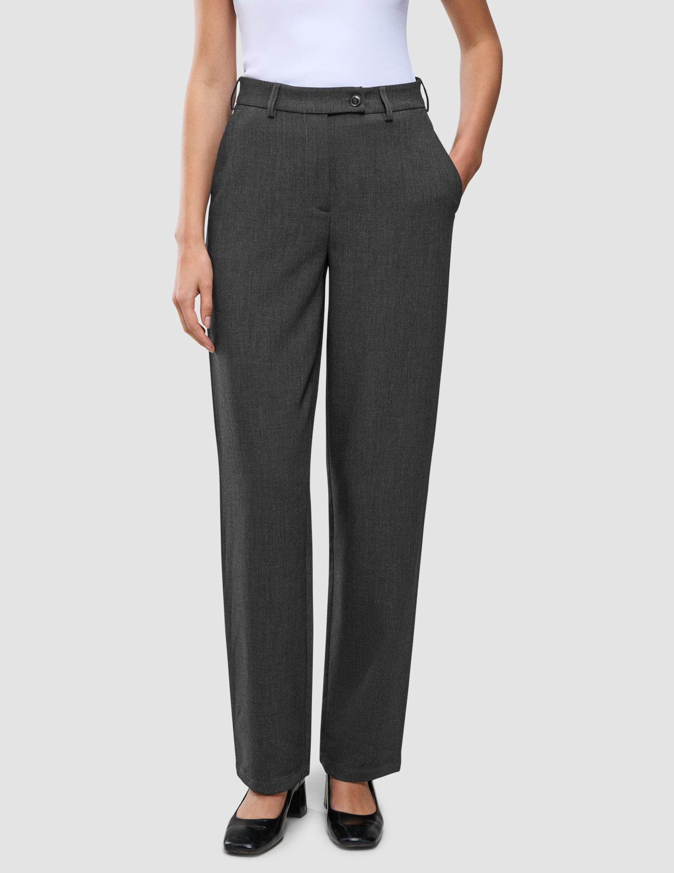 Women GO2 Pants Straight Dark Grey Melange: high-waisted, dark grey straight-leg trousers with a button closure, belt loops, and side pockets in a Scandinavian design.