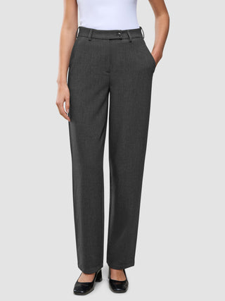 Women GO2 Pants Straight Dark Grey Melange: high-waisted, dark grey straight-leg trousers with a button closure, belt loops, and side pockets in a Scandinavian design.
