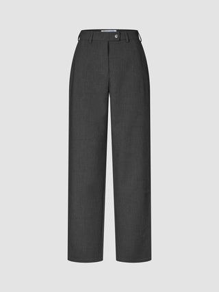 Women GO2 Pants Straight Dark Grey Melange in a dark grey high-waisted, straight-leg fit with a button closure and belt loops, embodying a minimalist Scandinavian design.