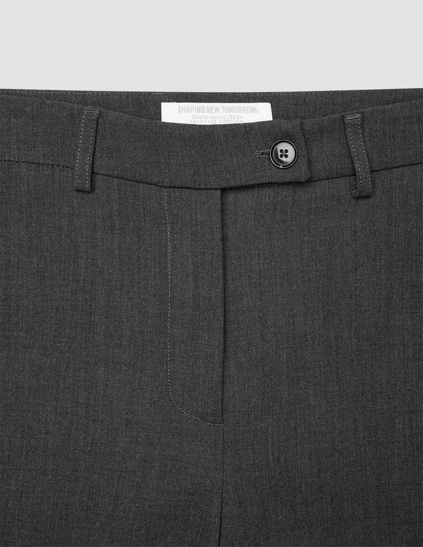 Close-up of the waistband, button closure, and belt loops of Women GO2 Pants Straight Dark Grey Melange, showing the high-waisted, straight-leg fit.