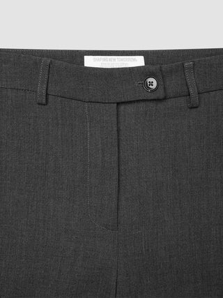 Close-up of the waistband, button closure, and belt loops of Women GO2 Pants Straight Dark Grey Melange, showing the high-waisted, straight-leg fit.