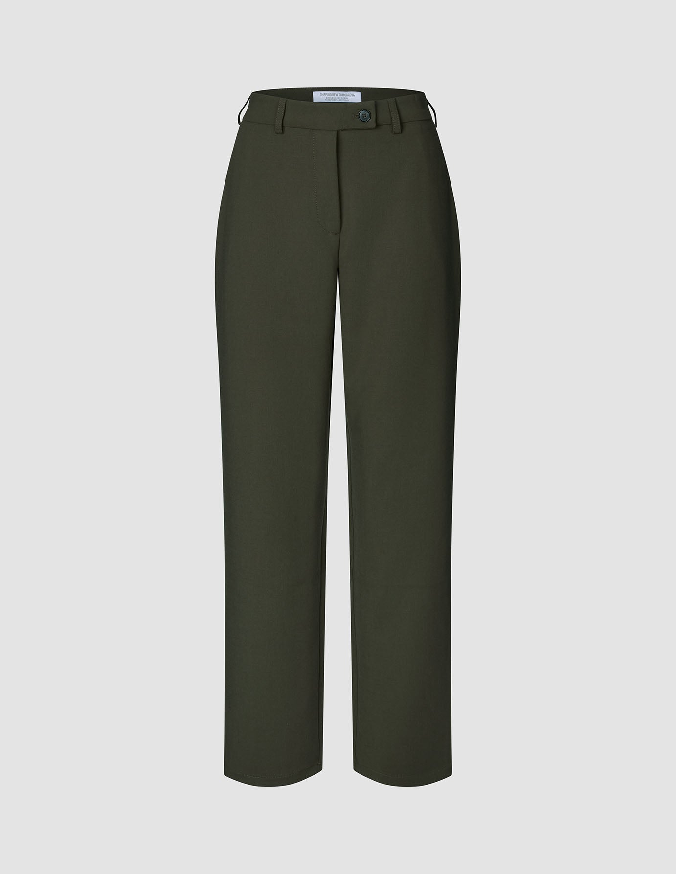 Women GO2 Pants Straight Dusty Olive, high-waisted, straight-leg trousers in olive green with a button fly closure.