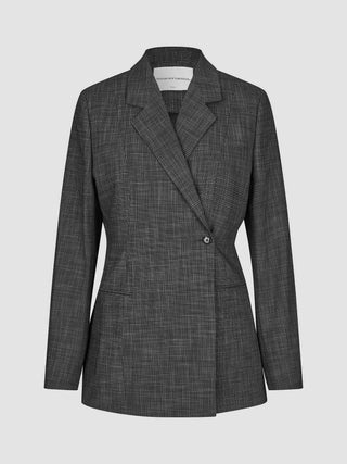 Women Nara Blazer Fitted Black Check tailored micro-check fitted blazer with a single-button closure, peaked lapels, and 360° stretch.