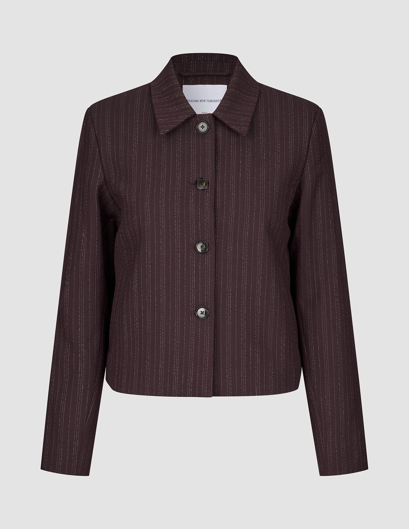 Women Serene Short Jacket in dark purple pinstripe, featuring a collar and a Scandinavian-inspired button-down design.