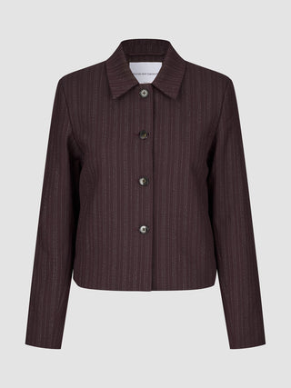 Women Serene Short Jacket in dark purple pinstripe, featuring a collar and a Scandinavian-inspired button-down design.