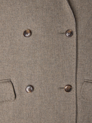 Close-up of a Women Wool Coat Greige, featuring a double-breasted design with four brown buttons in a minimalist Scandinavian style.