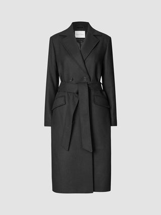 Women’s Wool Coat Black in a double-breasted Scandinavian design featuring a notched lapel and a matching tie belt.