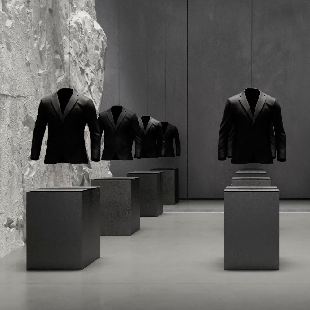 2 rows of black blazers on pedestals in a big grey room