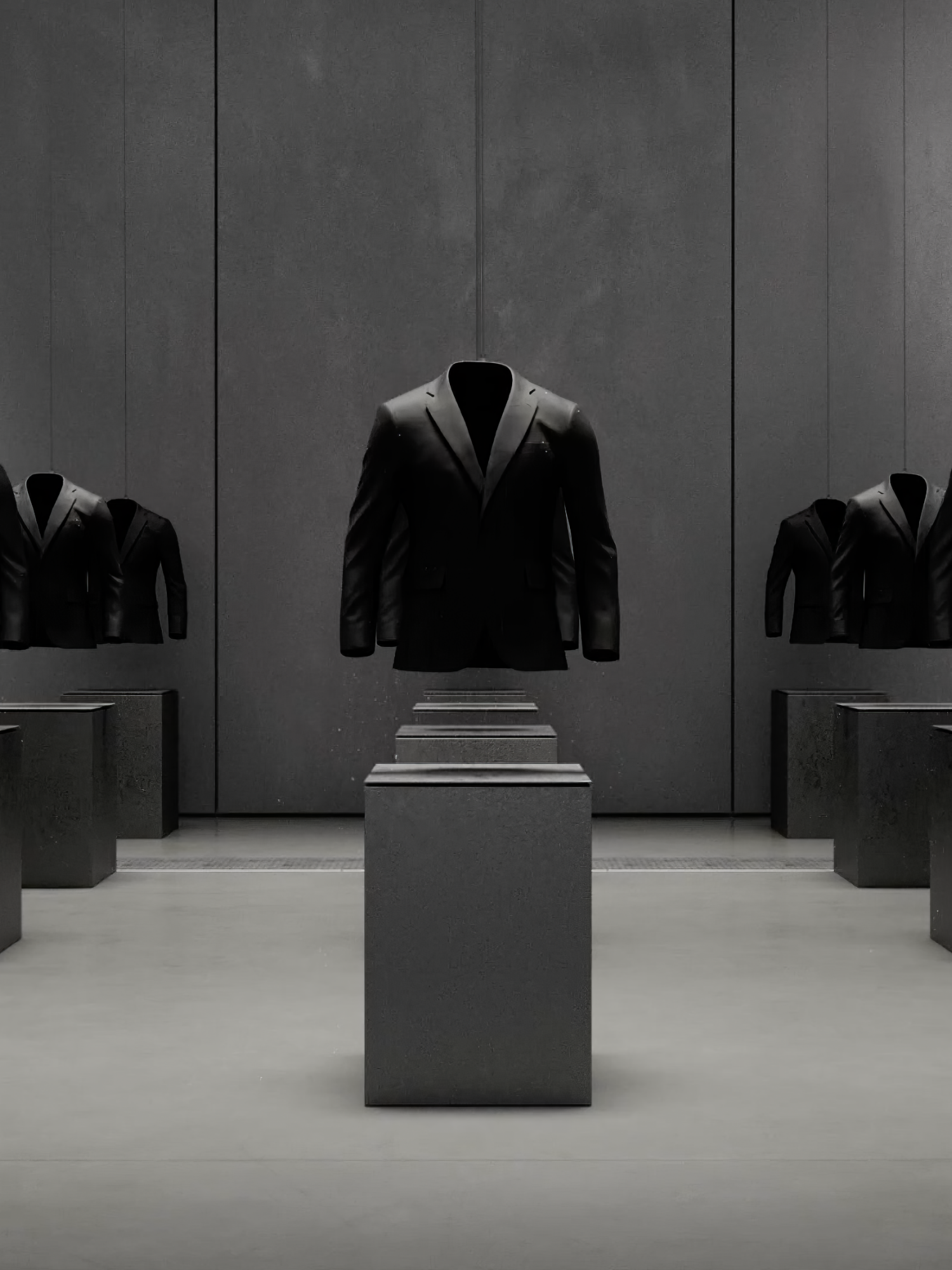 2 rows of black blazers on pedestals in a big grey room