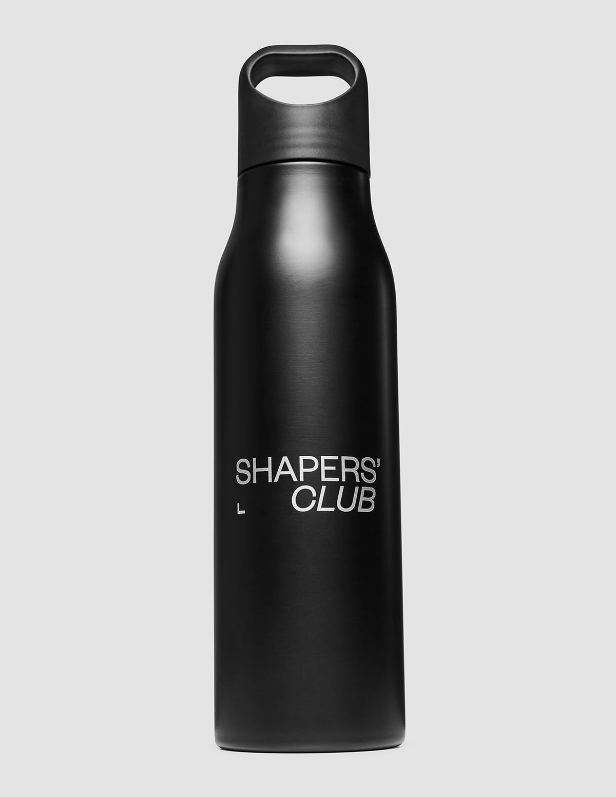 Matte black Shapers’ Club water bottle with a loop handle lid and white text printed on the side.