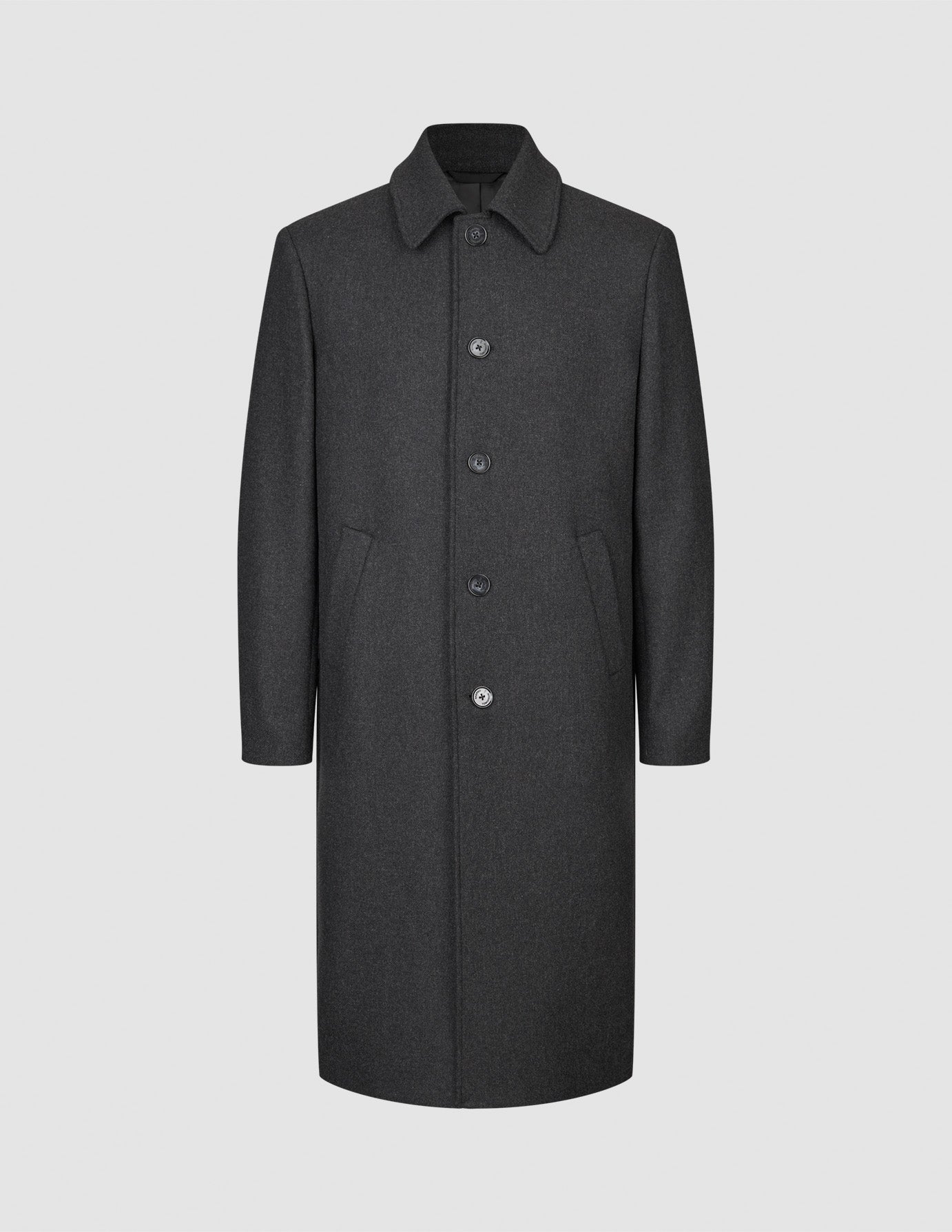 Maxi Wool Coat Dark Grey in dark grey wool-blend; a maxi overcoat featuring a pointed collar, button front, and side pockets—a cold-weather classic.