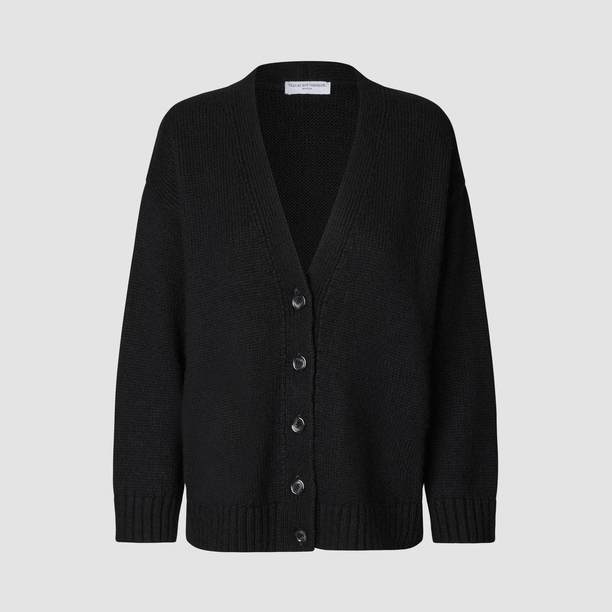 Women Chunky Soft Wool Knit Cardigan Black in a chunky knit V-neck style with front buttons and ribbed cuffs and hem.