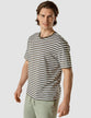 Model wearing a urban green striped box fit t-shirt