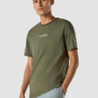 Model wearing a urban green striped box fit t-shirt with logo across the chest