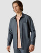 Model from the front wearing a Tech Linen Overshirt Navy