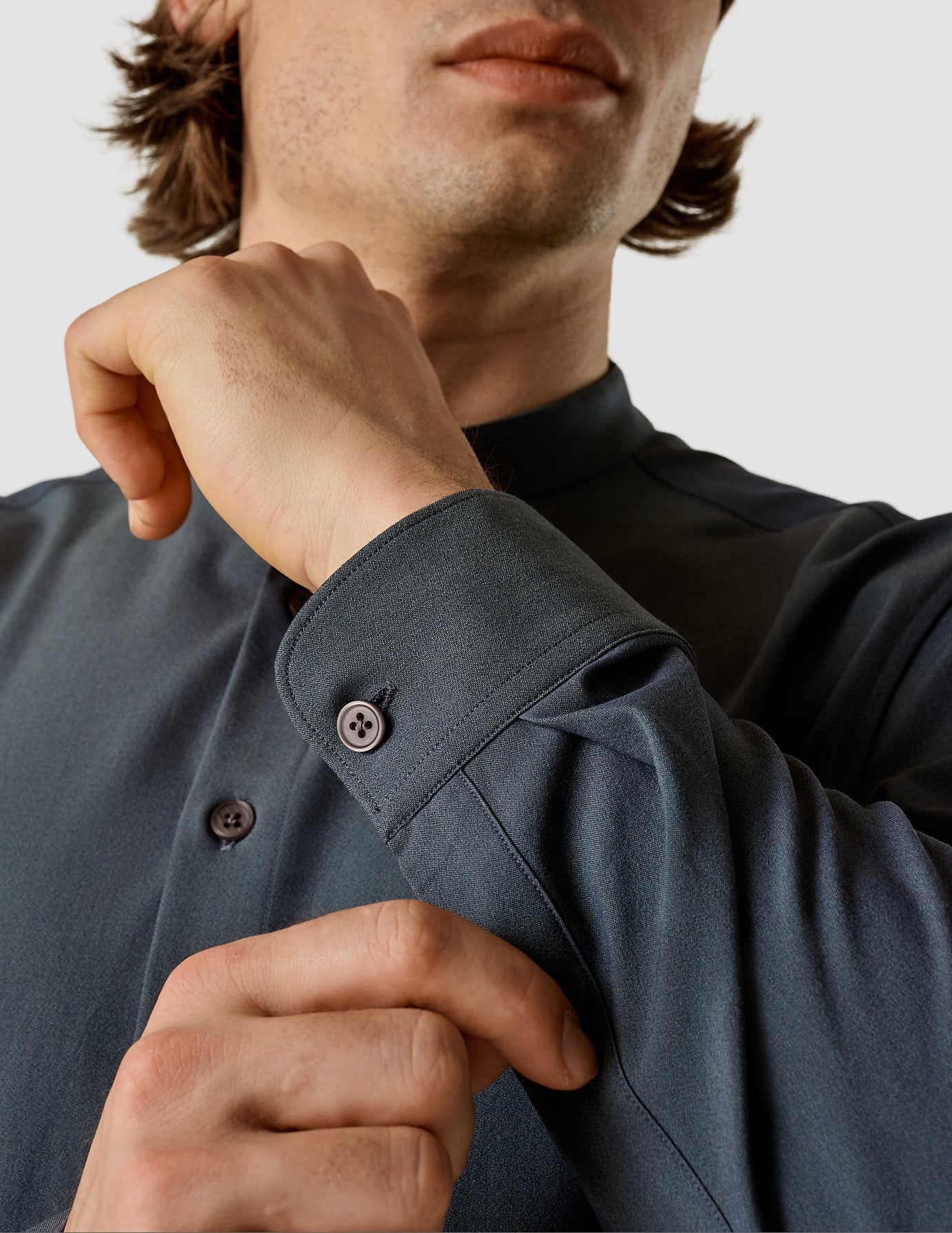 Tech Linen Mandarin Long Sleeve Shirt Navy