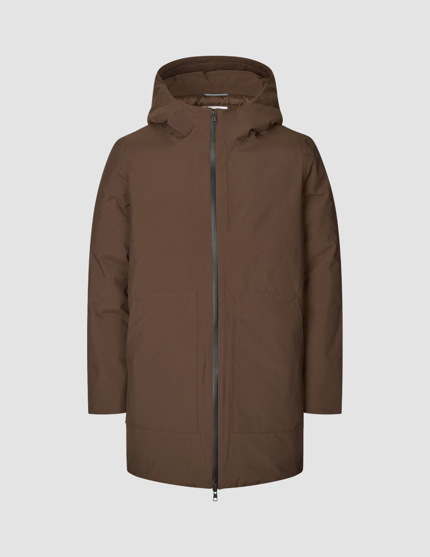 Utility Jacket Saddle Brown featuring a front zipper, two large patch pockets, and recycled polyester construction.
