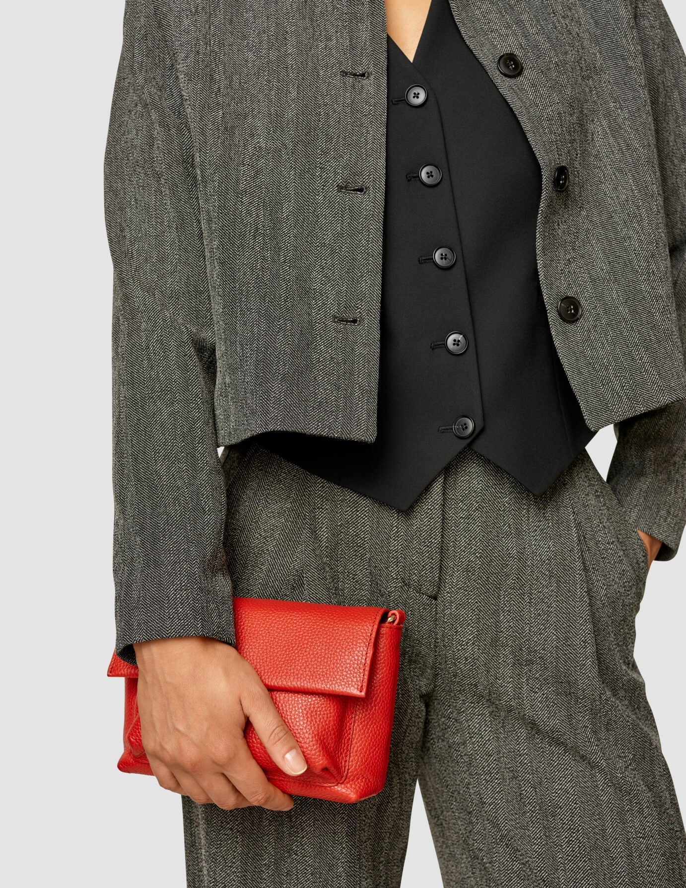 Serene Set Grey Herringbone Short Jacket & Wide Pants