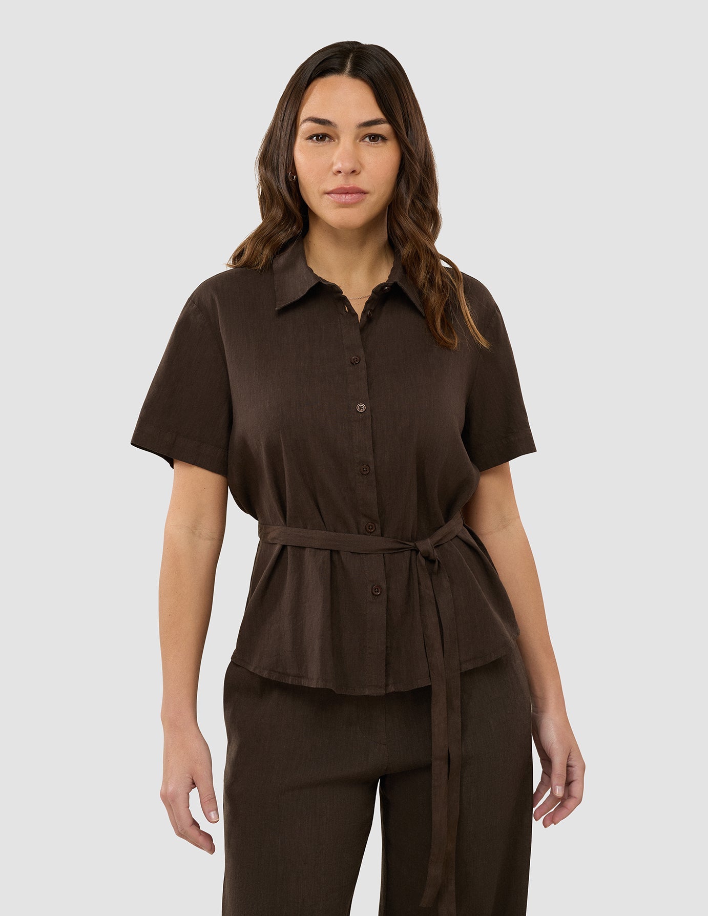 Linen Set Espresso Short Sleeved Shirt & Relaxed Pants