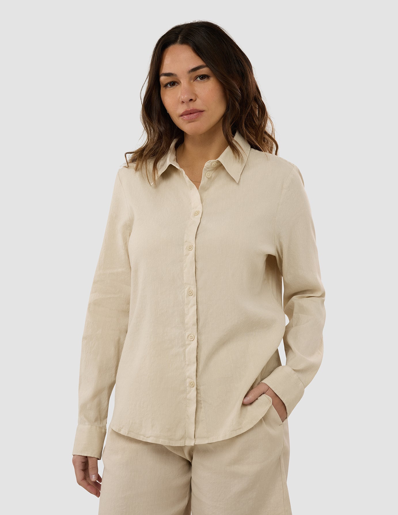 Linen Set Sandy Beige Long Sleeved Shirt & Relaxed Shorts