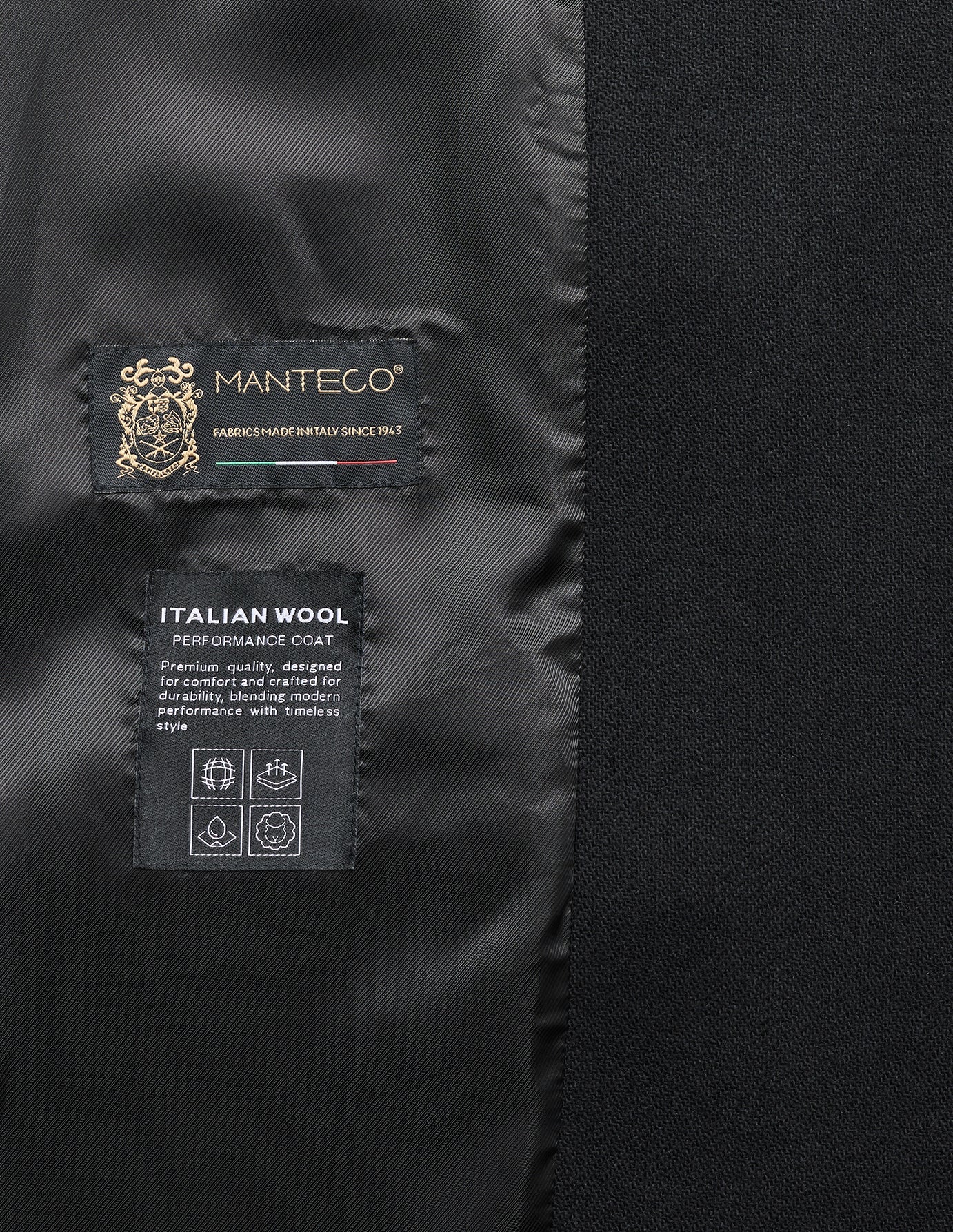 Close-up of the interior labels on a black Women’s Wool Coat, featuring the Manteco logo, the text Italian Wool Performance Coat, and four icons representing product features.