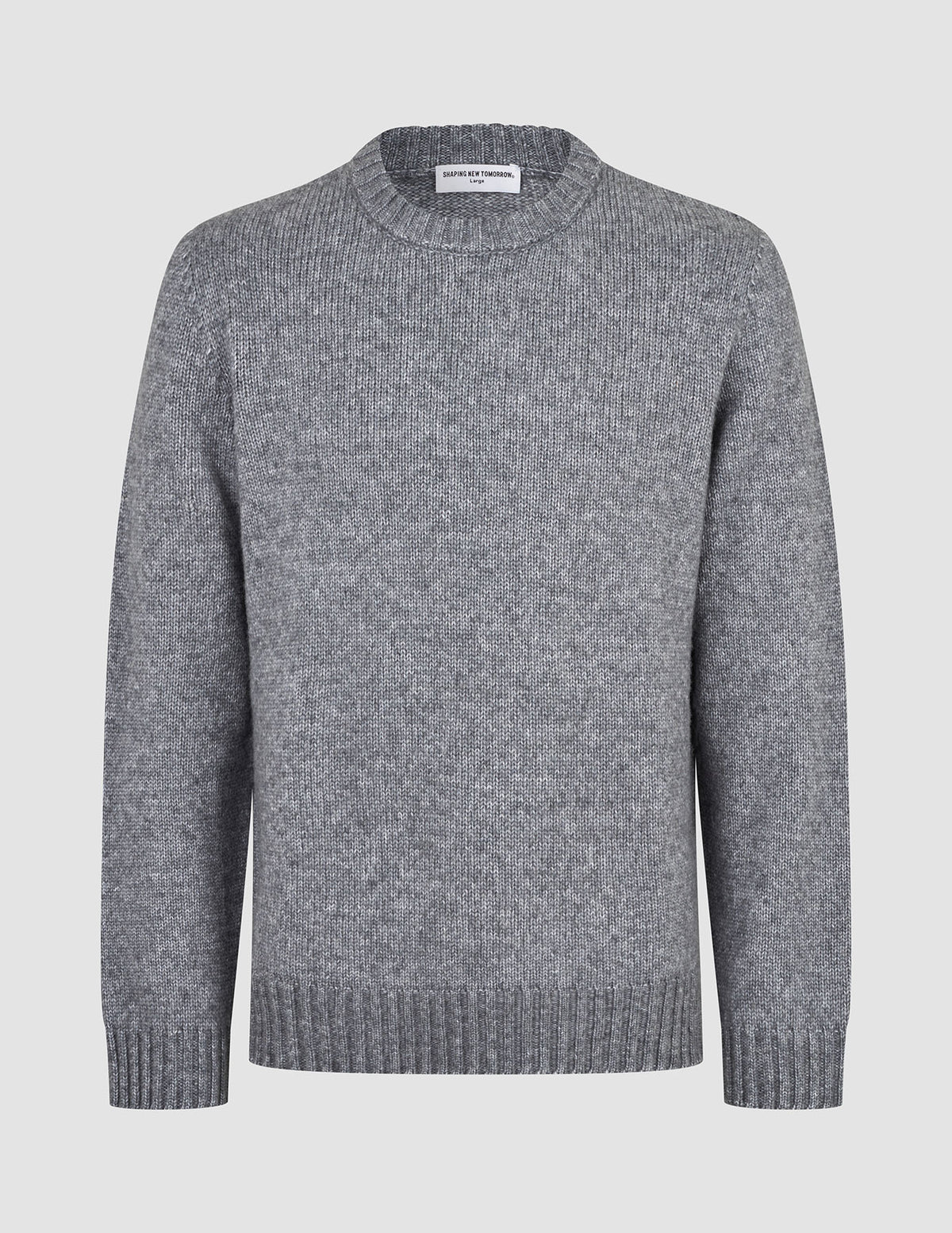 Chunky Soft Wool Knit Crewneck Glacier Grey sweater with a textured chunky knit design, featuring ribbed cuffs and hem.