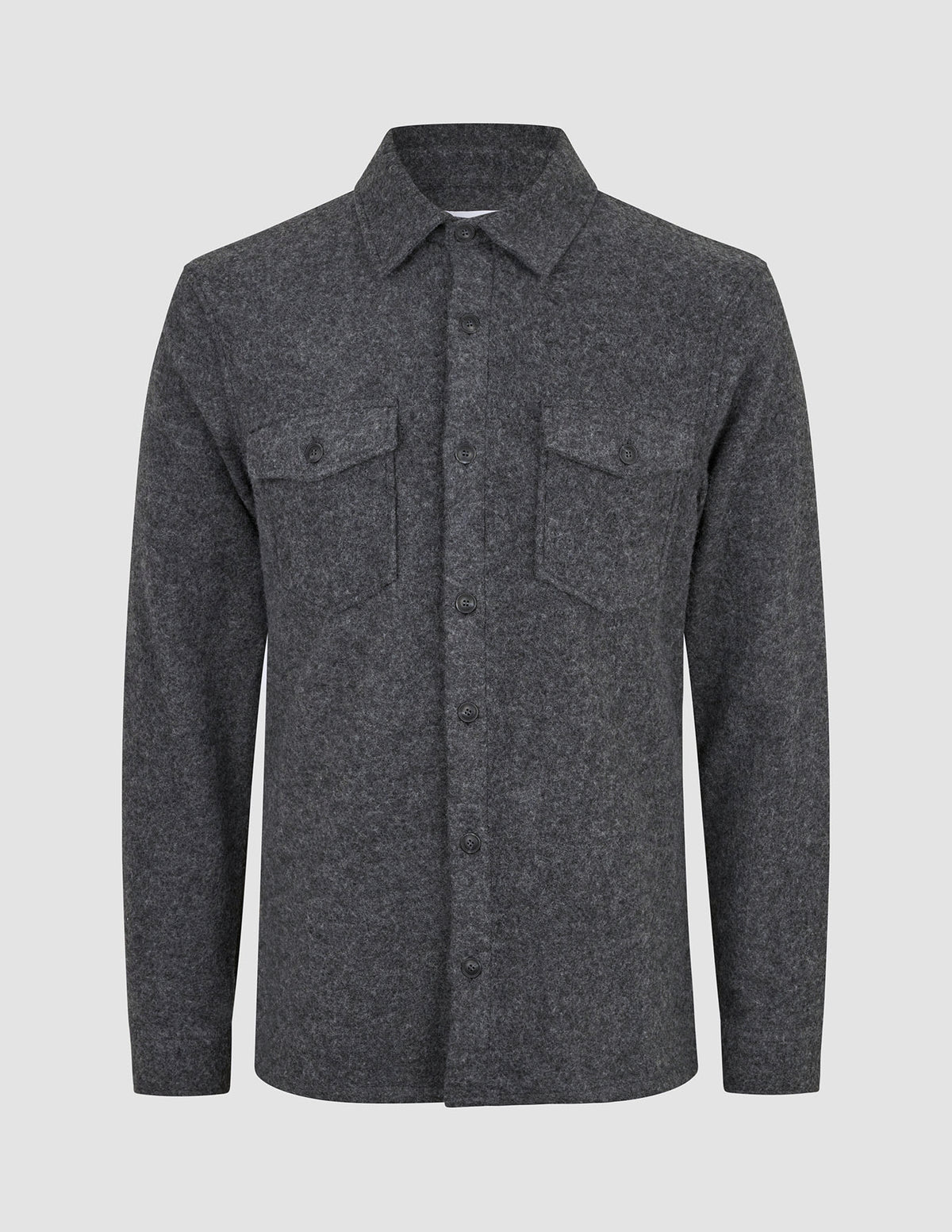 Double Layer Wool Overshirt Regular Dark Grey, a long-sleeved button-down shirt featuring a collar, two chest pockets, and a wool blend construction.