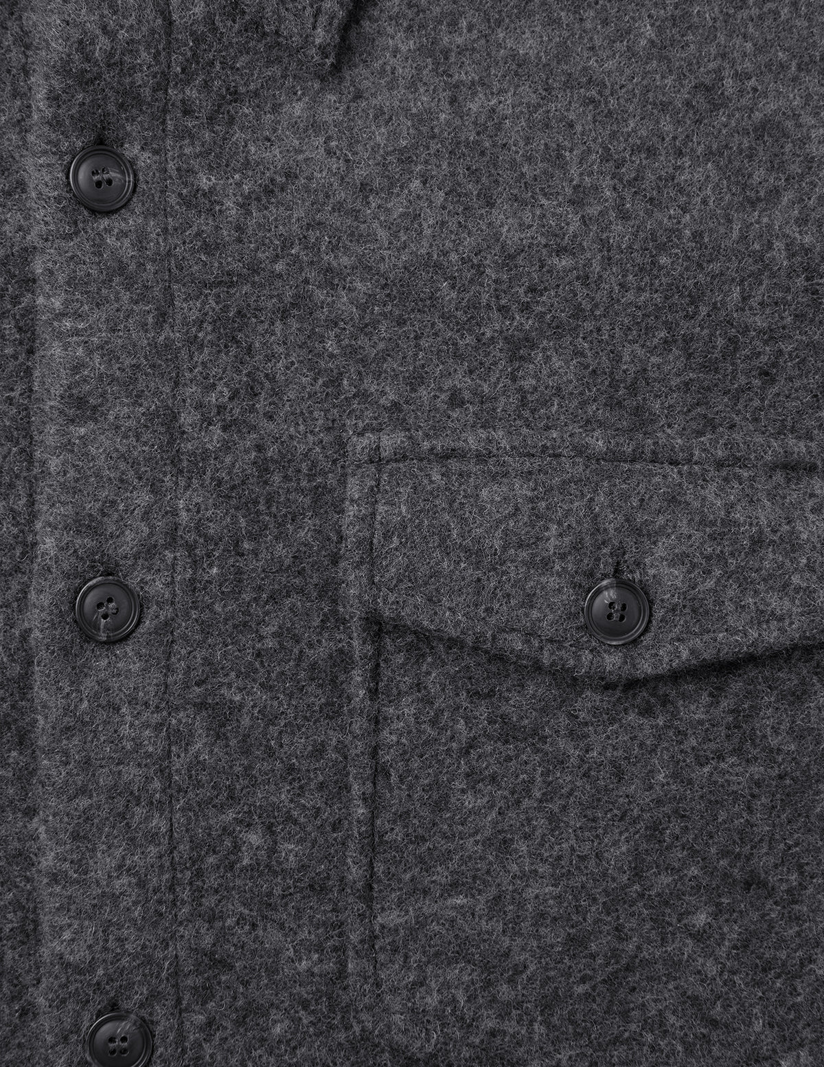 Close-up of a Double Layer Wool Overshirt Regular Dark Grey featuring a buttoned placket and a single chest pocket with a matching button.
