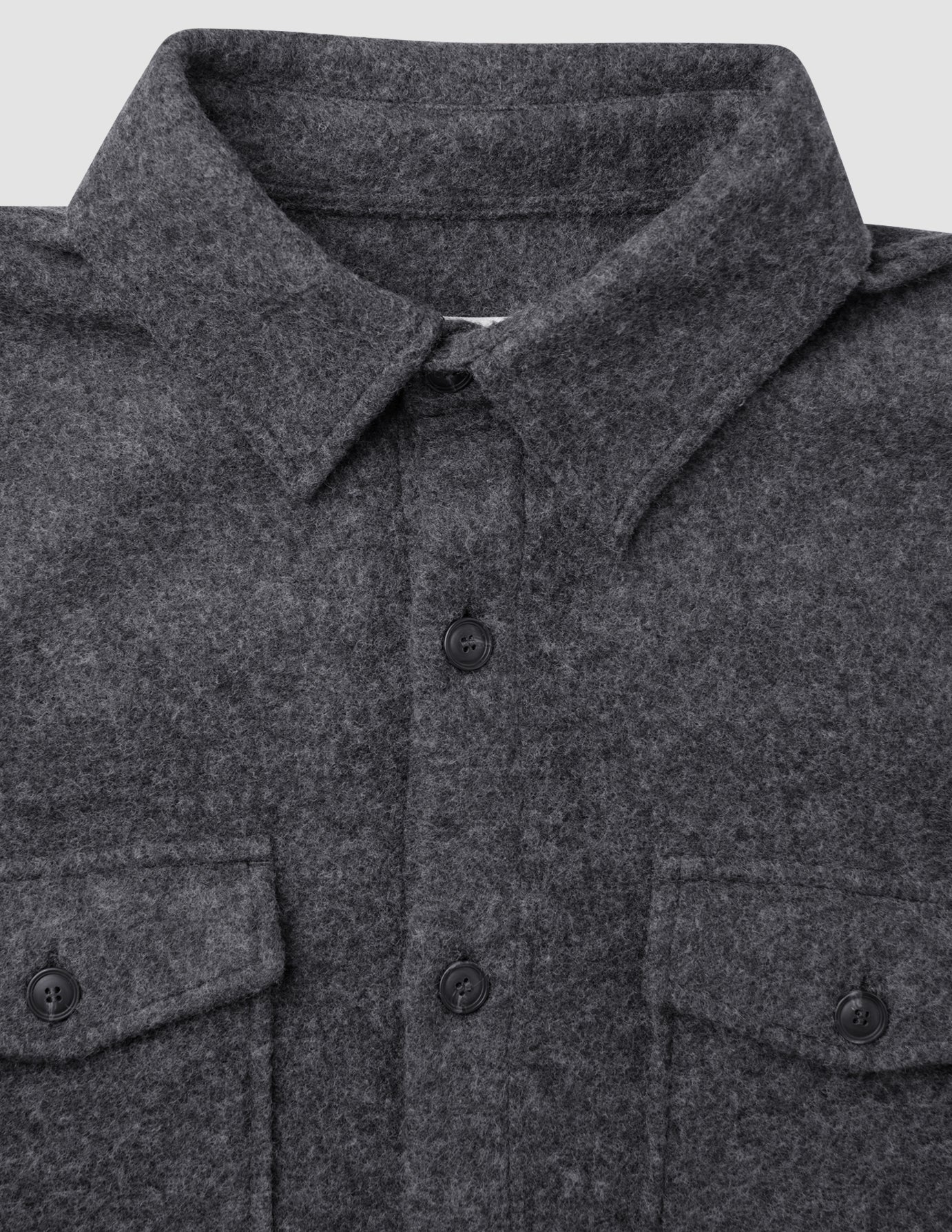 Dark grey Double Layer Wool Overshirt Regular Dark Grey in a Scandinavian design with a pointed collar, button-up front, and two buttoned chest pockets.